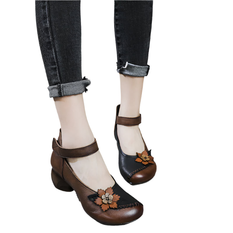 Floral Motif Cowhide Leather Velcro Heel