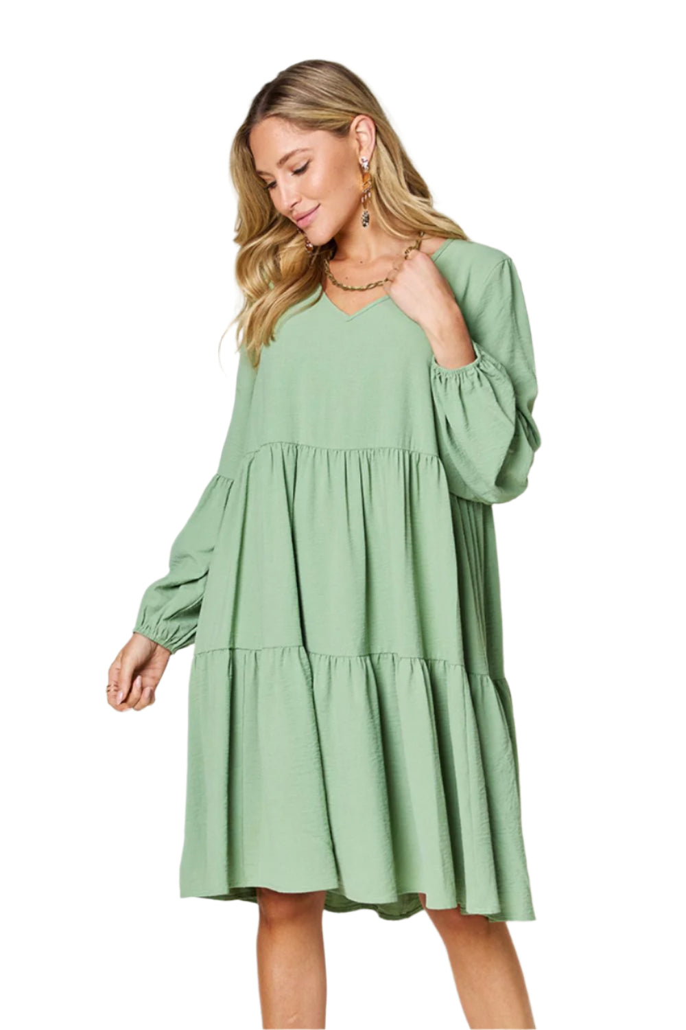 Double Take Full Size V-Neck Balloon Sleeve Tiered Dress with Pockets