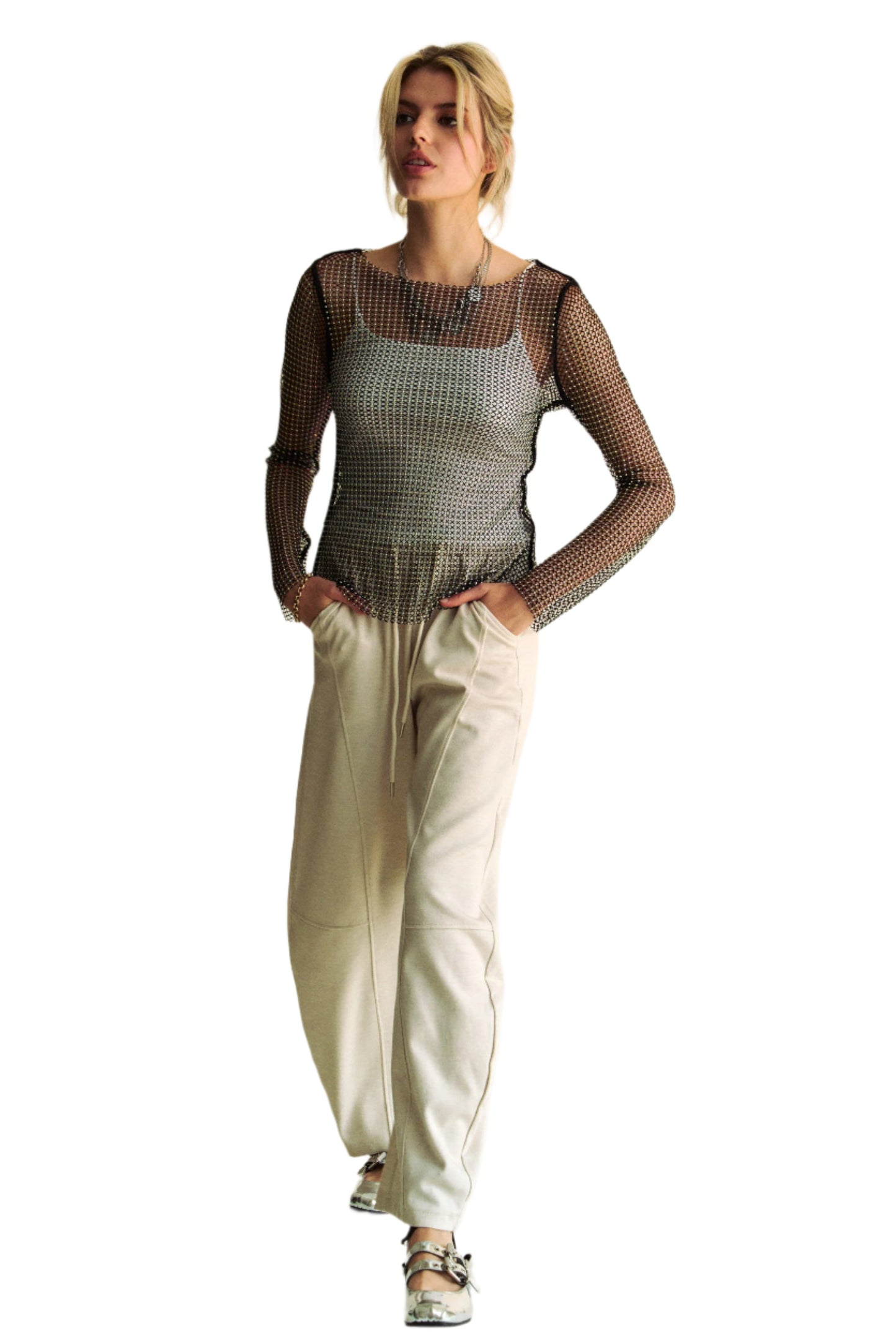 Davi & Dani Sparkling Rhinestone Sheer Mesh Round Neck Top