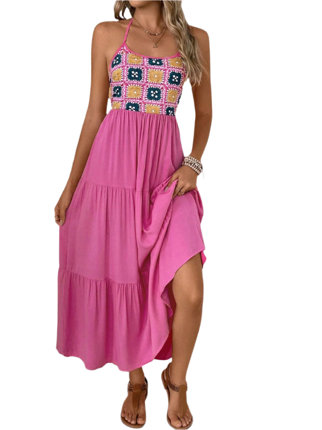 Perfee Printed Halter Neck Tiered Midi Dress
