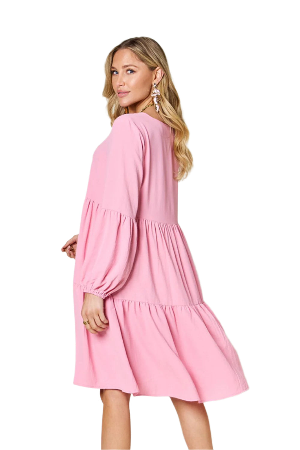 Double Take Full Size V-Neck Balloon Sleeve Tiered Dress with Pockets