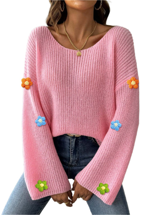 Flower Round Neck Long Sleeve Sweater