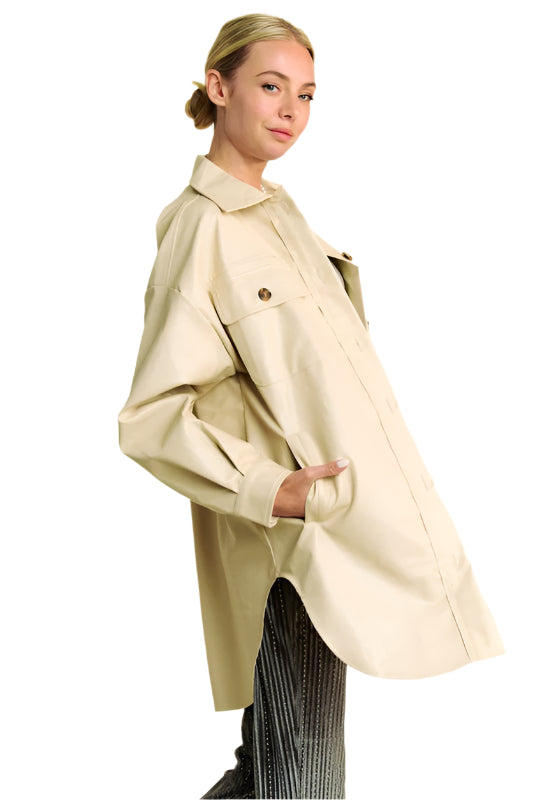 Davi & Dani Faux Leather Button Up Jacket with Chest Pockets