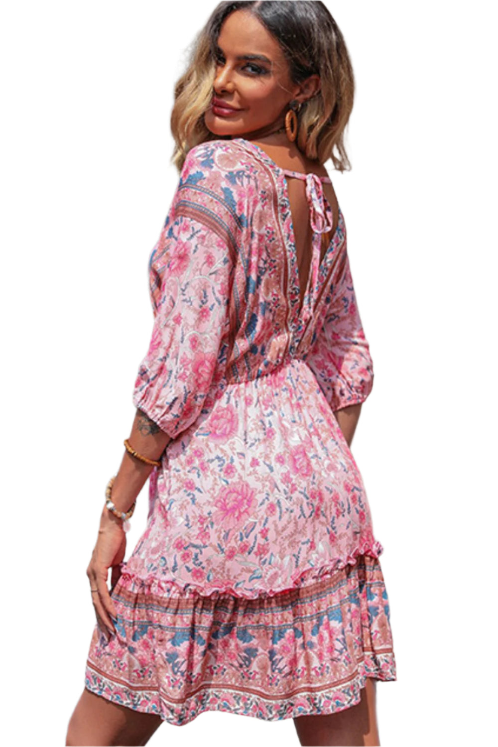 Perfee Bohemian Frill Trim V-Neck Dress