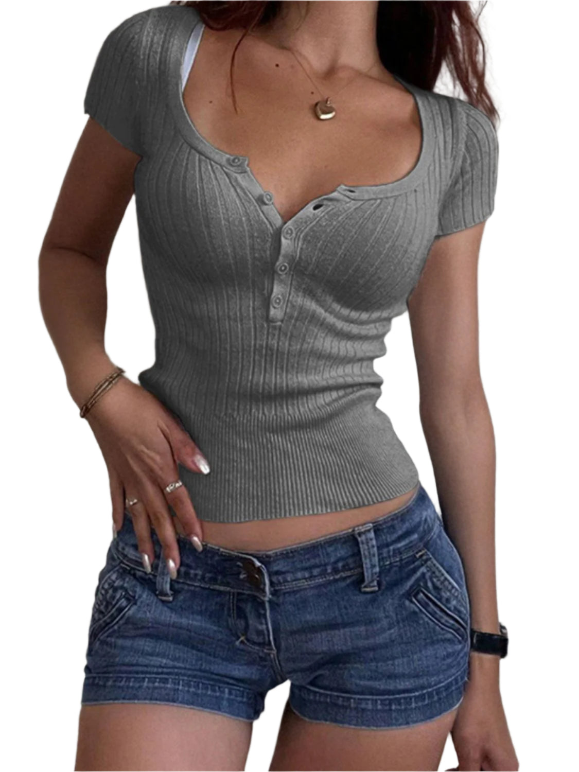 Half Button Scoop Neck Short Sleeve Knit Top