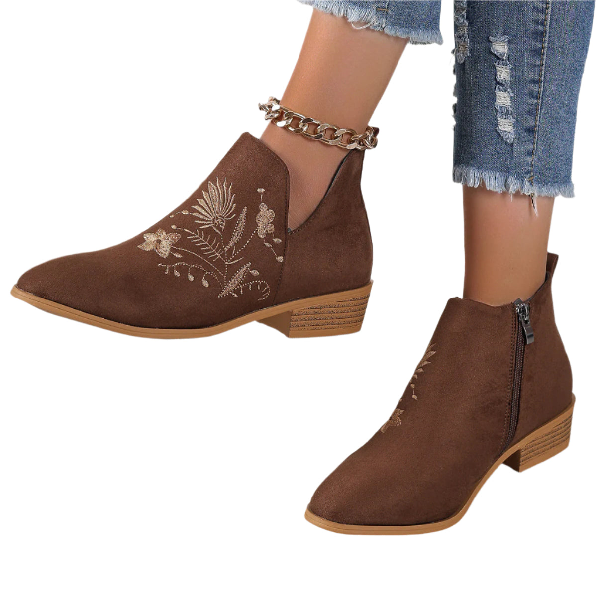 Embroidered Suede Point Toe Block Heel Boots