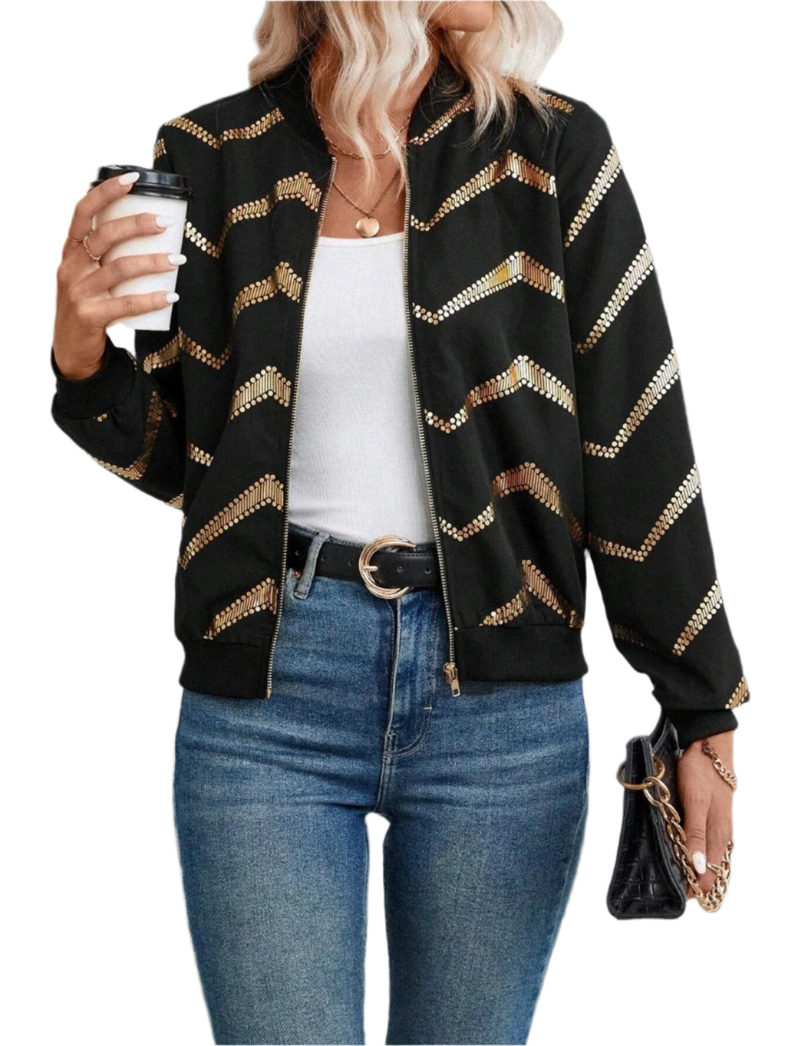 Printed Baseball Collar Zip Up Jacket