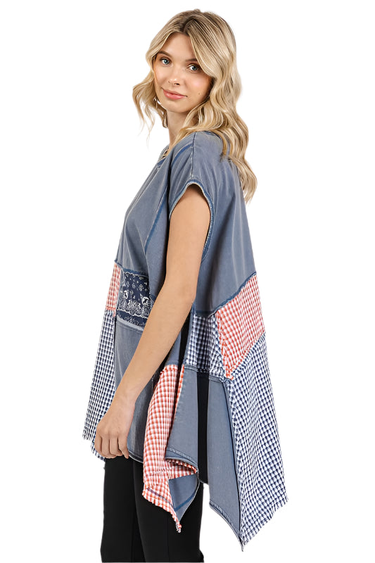 Mittoshop Patchwork Mineral Washed Round Neck Cap Sleeve Top