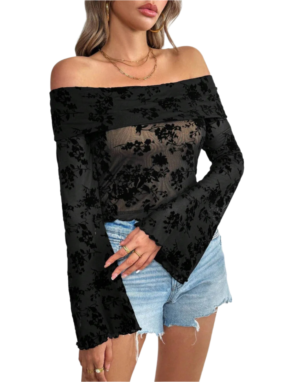 Embroidered Tie Neck Puff Sleeve Blouse