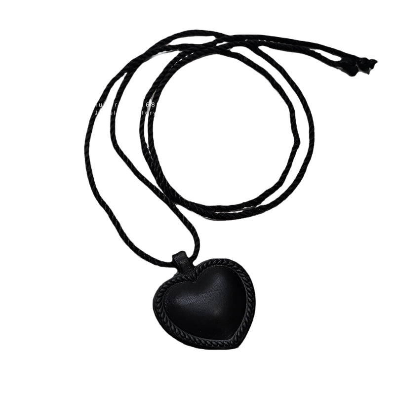 Cowhide Black Leather Heart Pendant Necklace