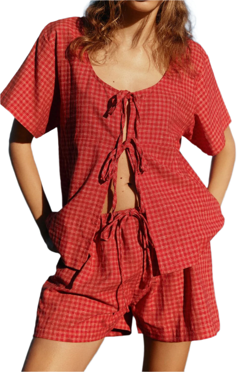 Plaid Tied Scoop Neck Short Sleeve Top and Drawstring Shorts Set