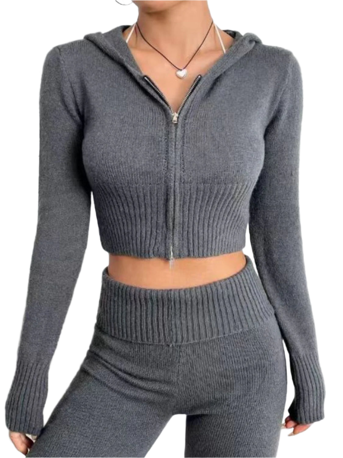 Zip Up Hooded Top and Flare Pants Sweater Set