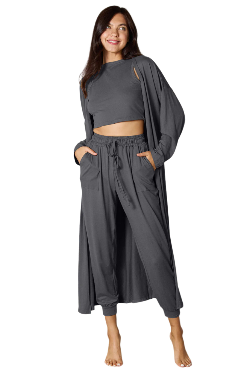 Tank, Pants, and Cardigan Set with Pockets