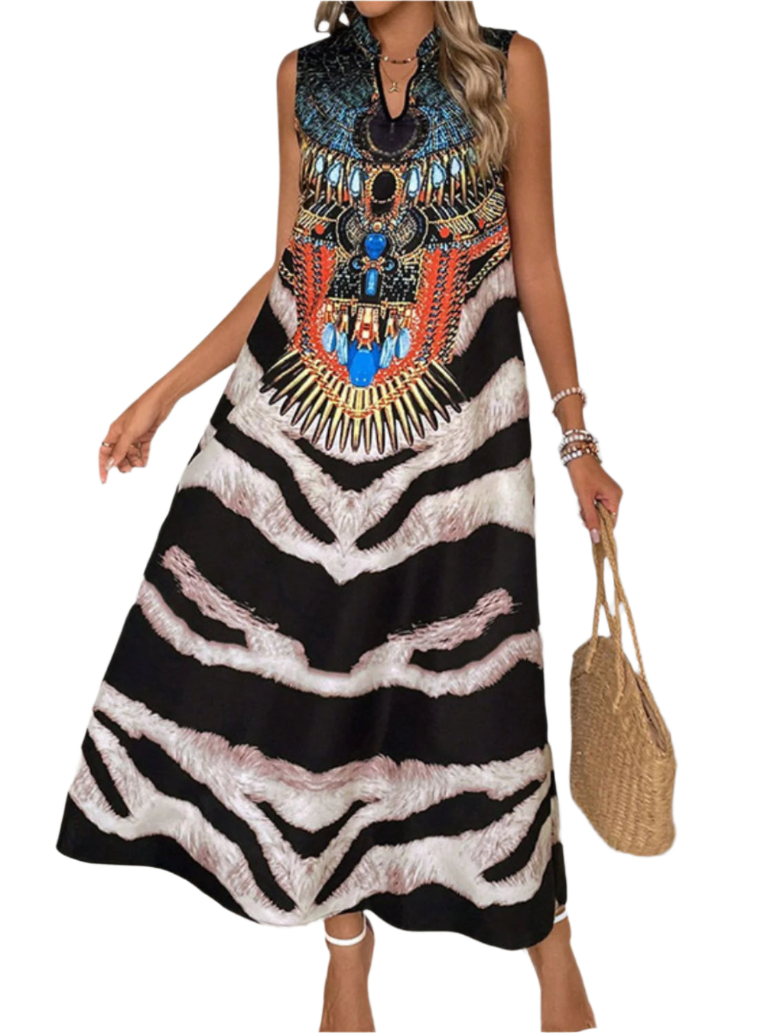 Perfee Printed Notched Sleeveless Dress