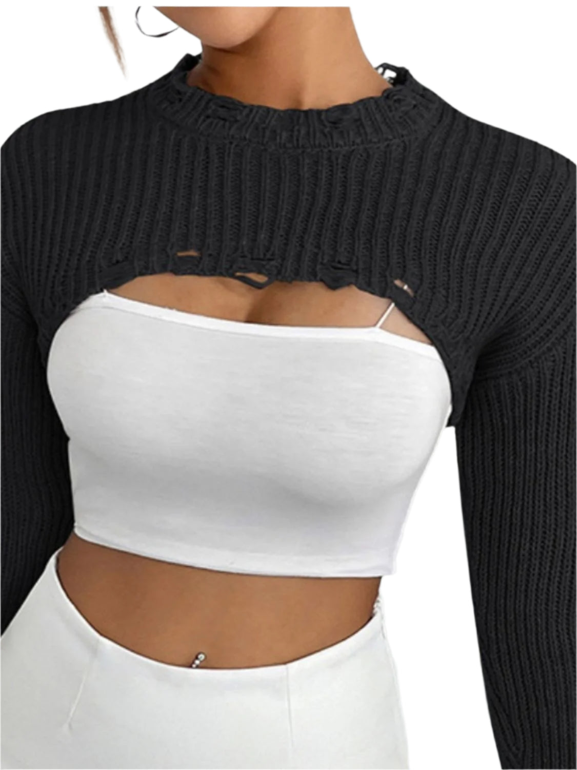 Distressed Long Sleeve Cropped Sweater