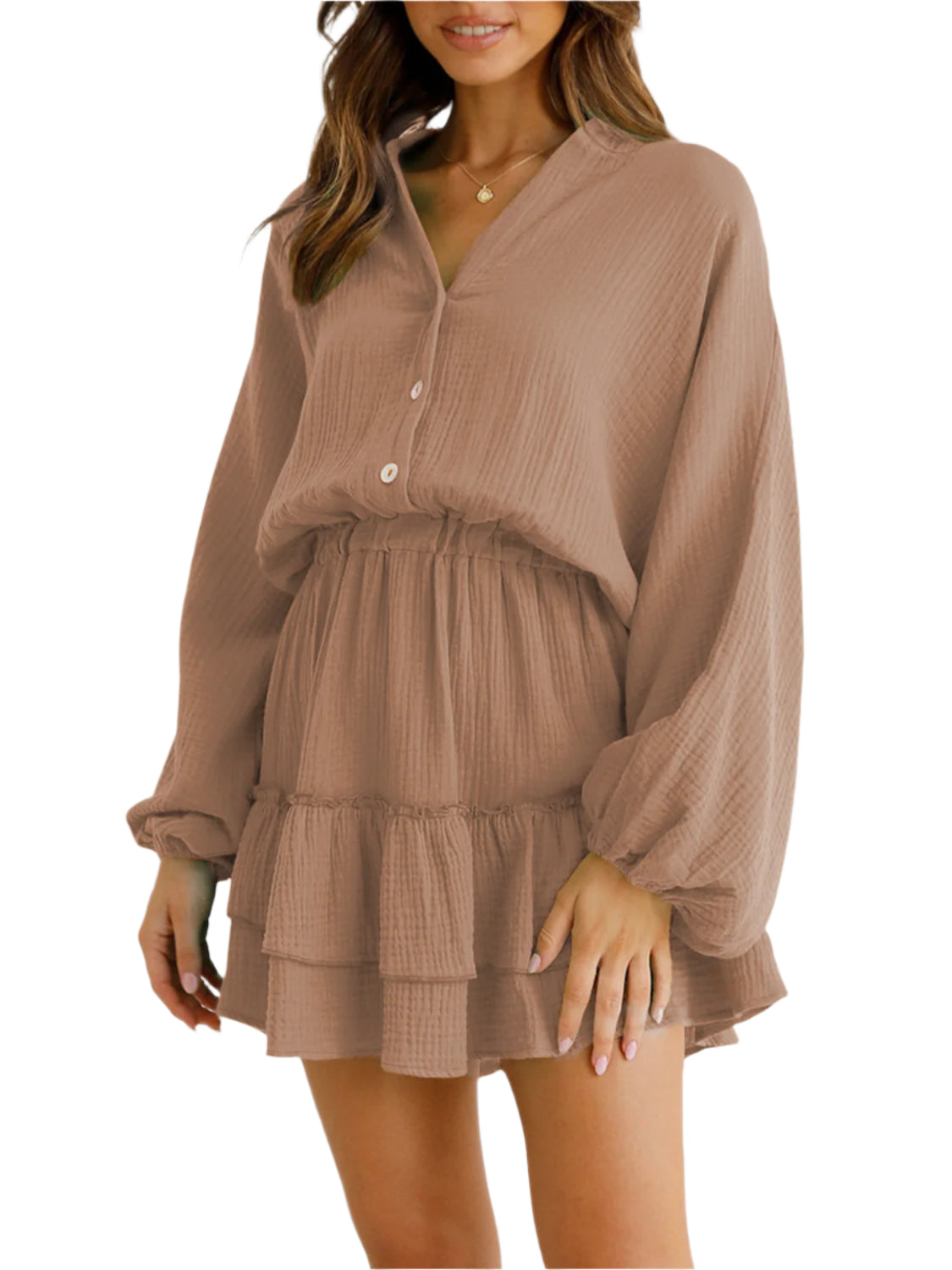 Ruffled Notched Balloon Sleeve Mini Dress