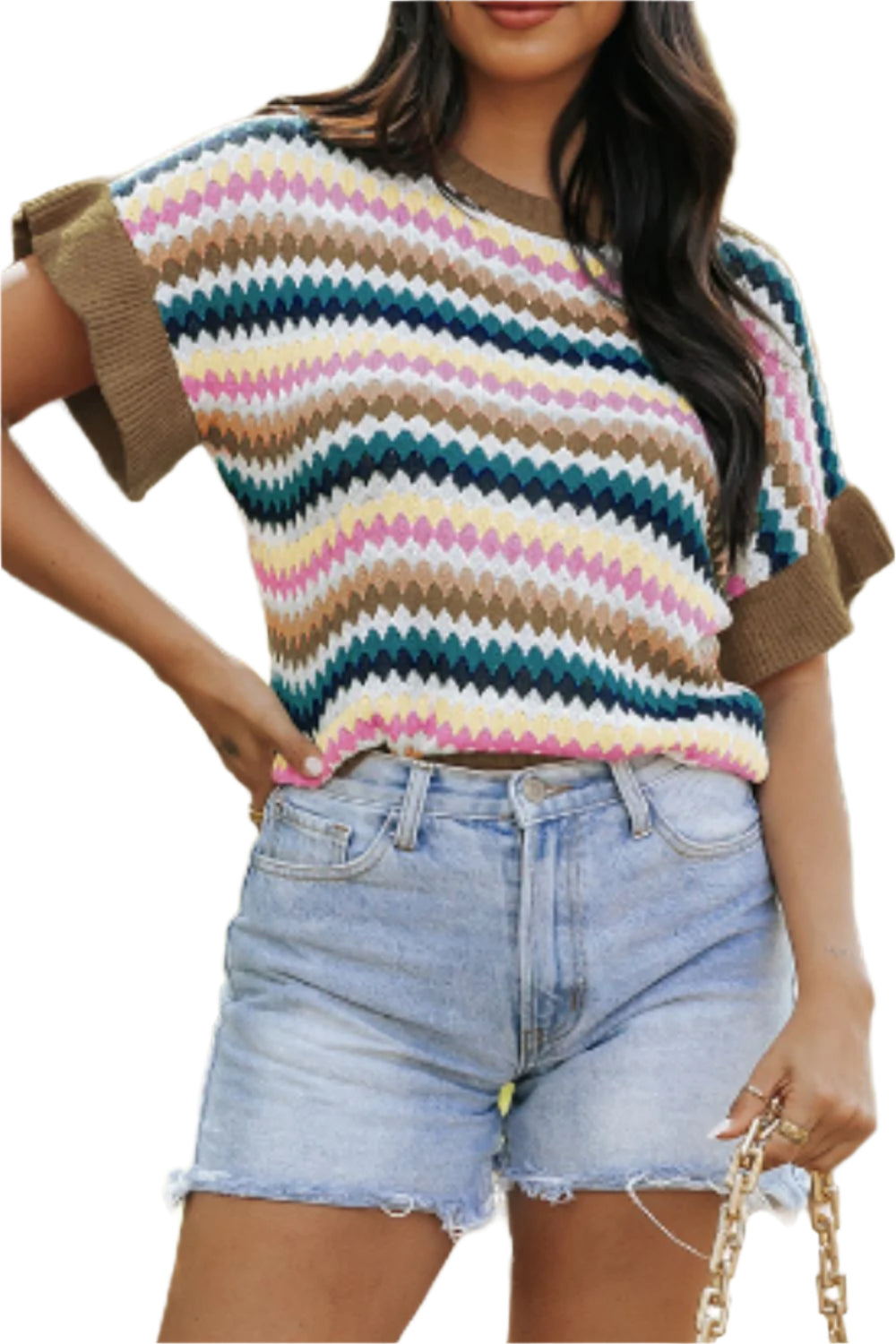 Contrast Round Neck Short Sleeve Sweater