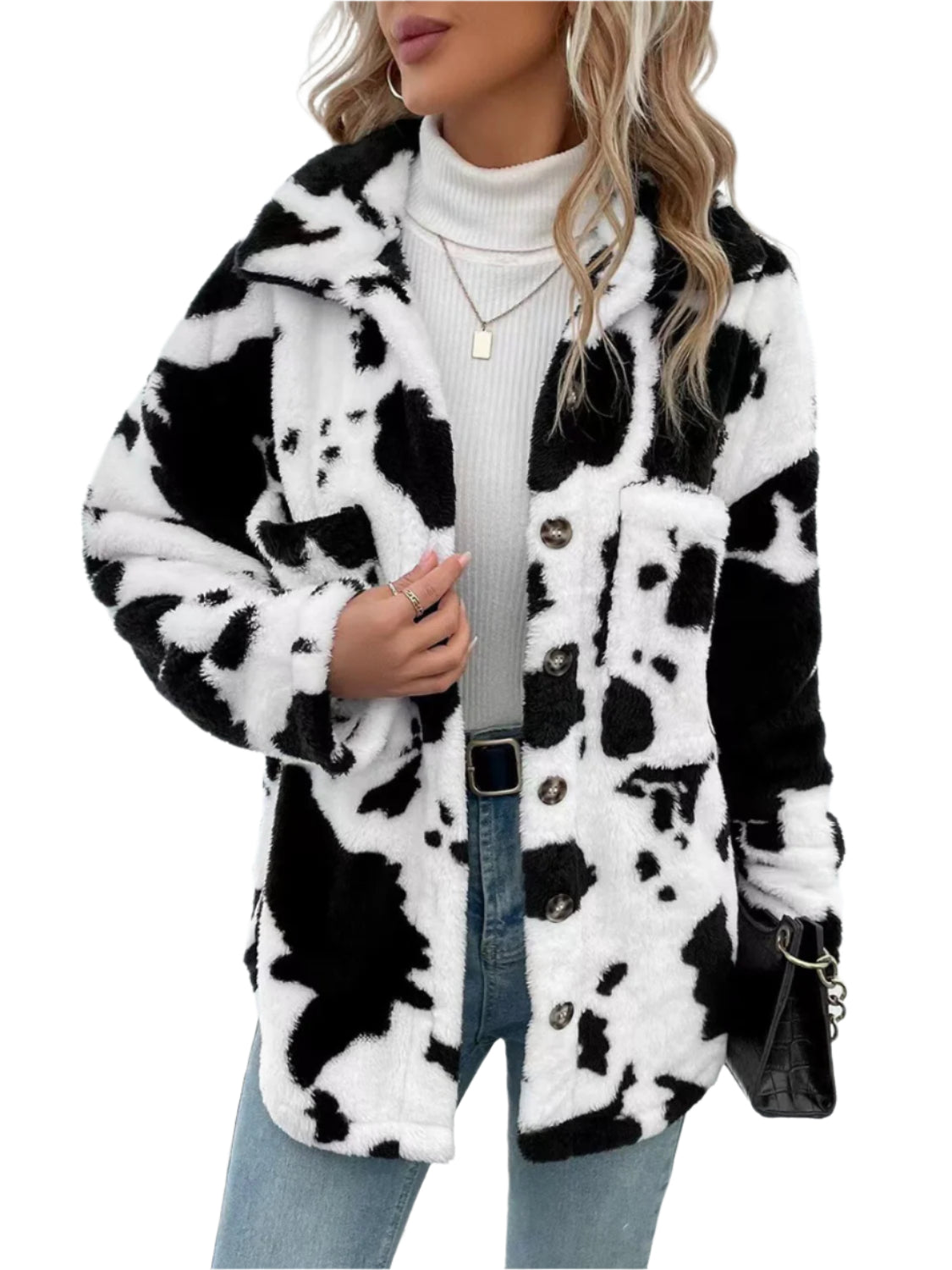 Cow Print Collared Neck Button Up Fuzzy Jacket