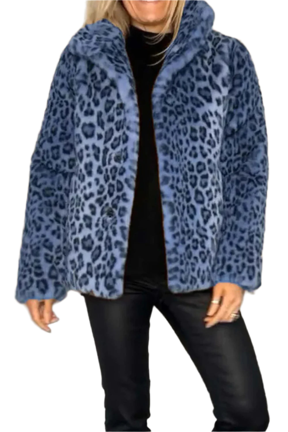 Full Size Leopard Furry Collared Neck Long Sleeve Coat
