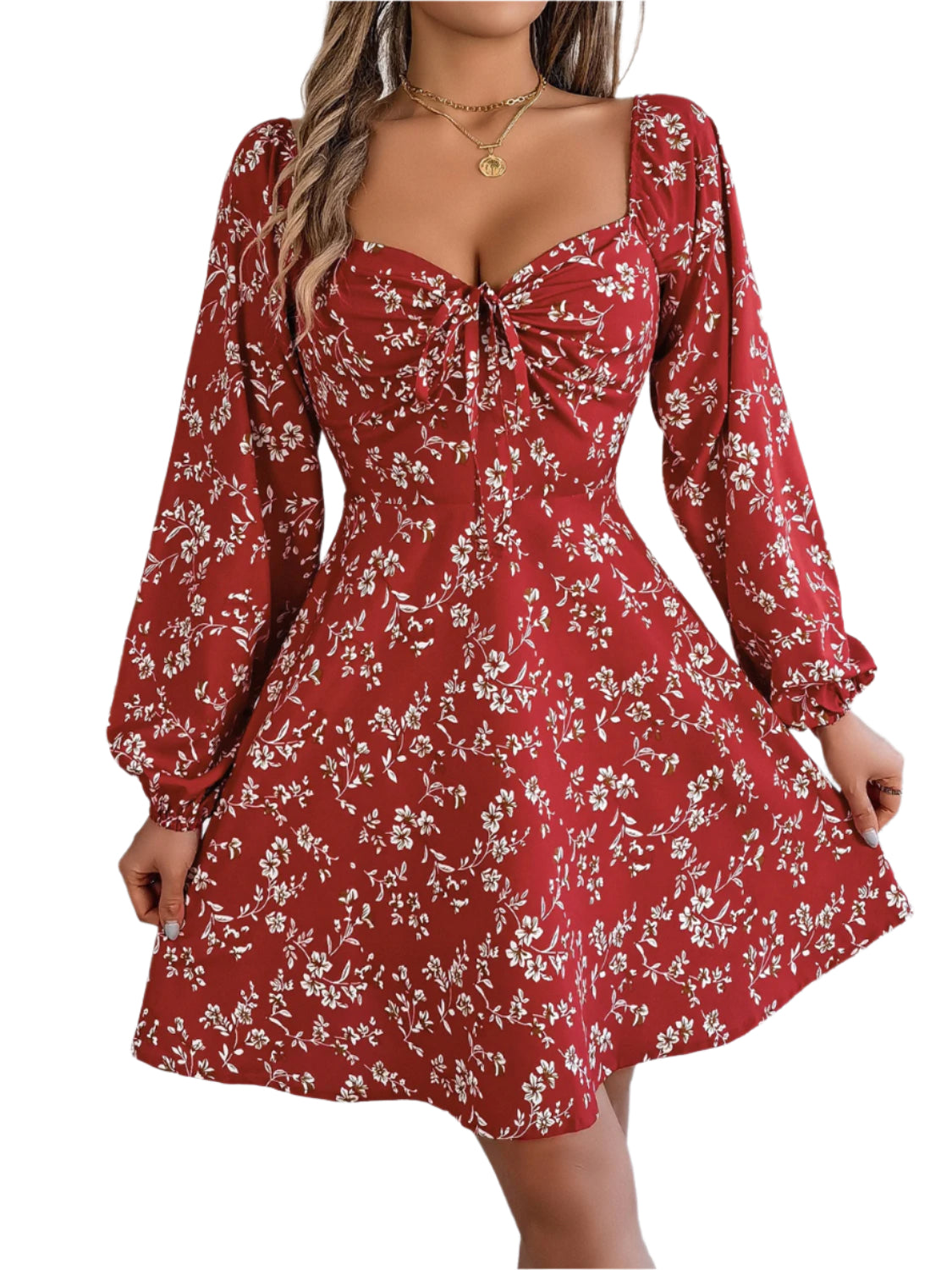 Printed Sweetheart Neck Balloon Sleeve Mini Dress