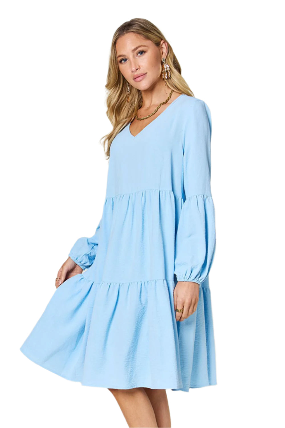 Double Take Full Size V-Neck Balloon Sleeve Tiered Dress with Pockets