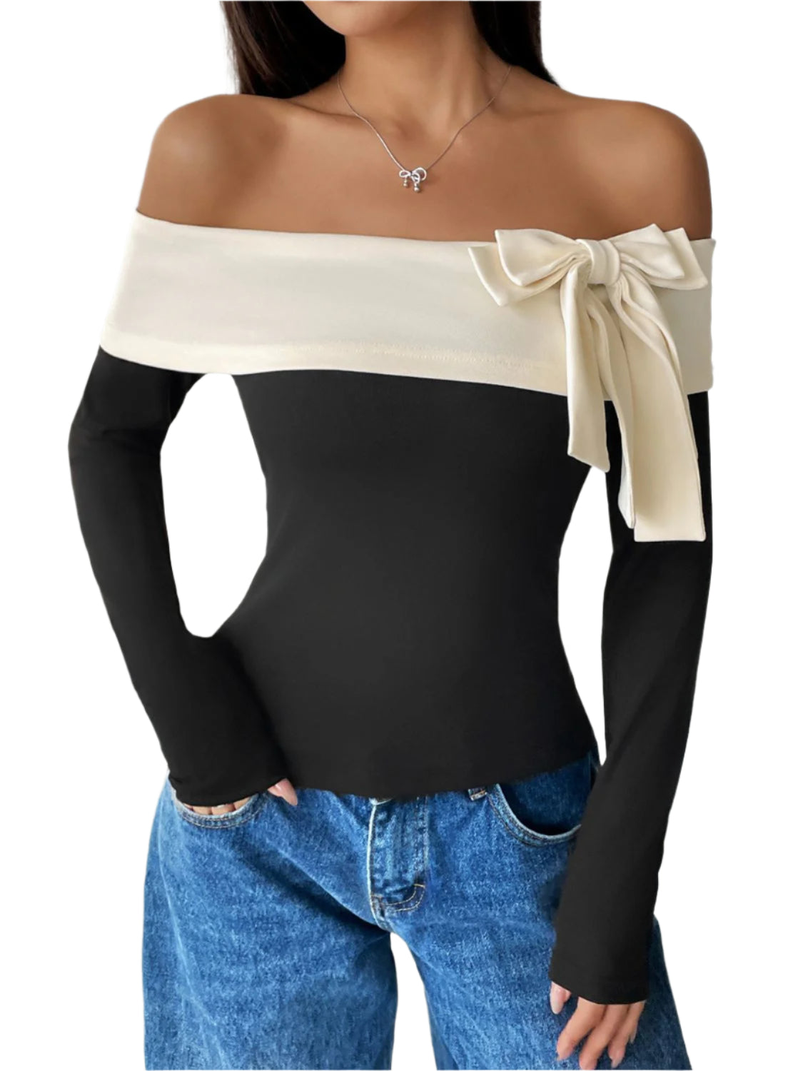 Perfee Bow Contrast Off-Shoulder Long Sleeve Top