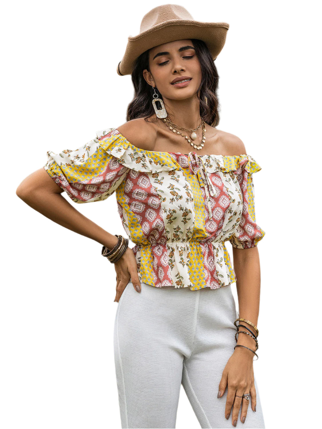 Ruffled Printed Off-Shoulder Short Sleeve Blouse