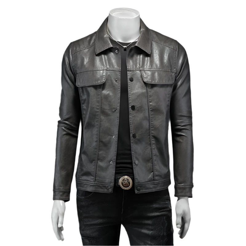 Men's Button Down PU Leather Jacket