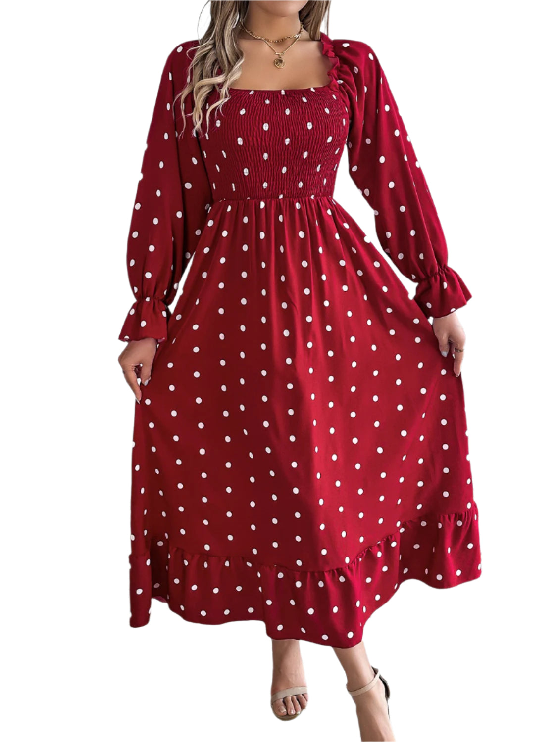 Polka Dot Flounce Sleeve Midi Dress