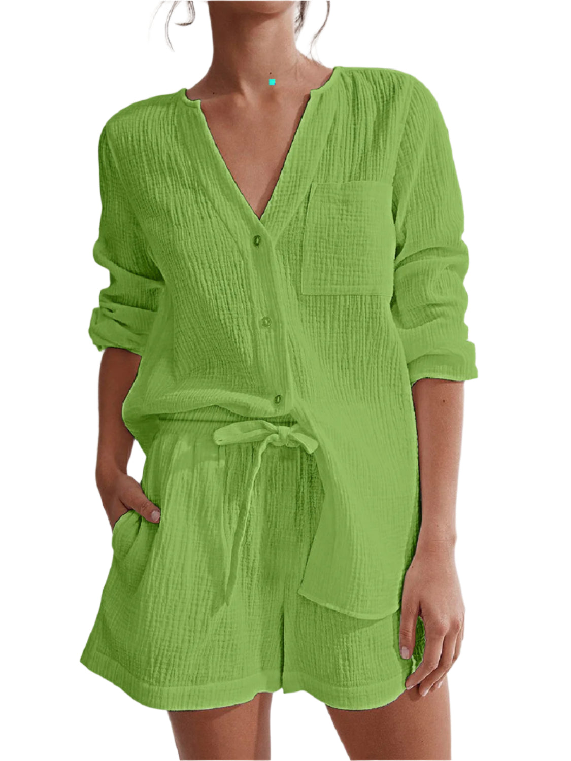 Notched Long Sleeve Top and Shorts Set