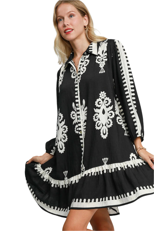 Umgee Border Print Button Down Ruffled Hem Dress