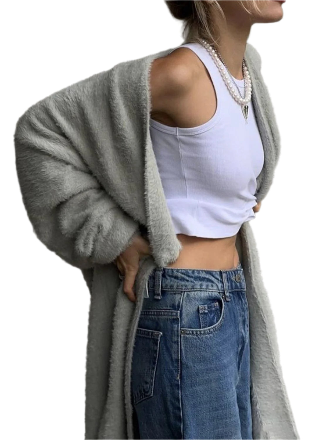 Fuzzy Open Front Solid Color Cardigan