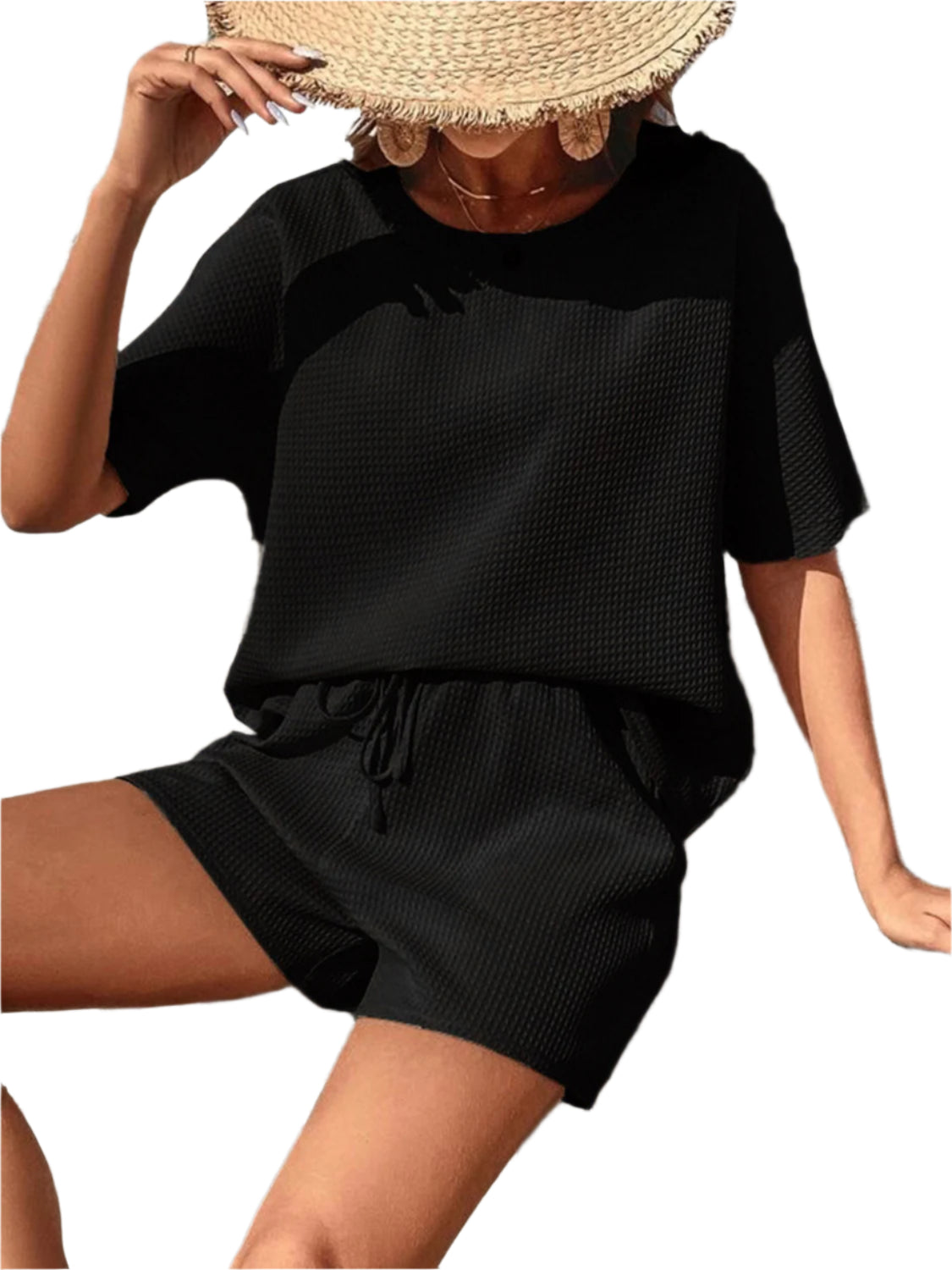 Waffle-Knit Half Sleeve Top and Shorts Set