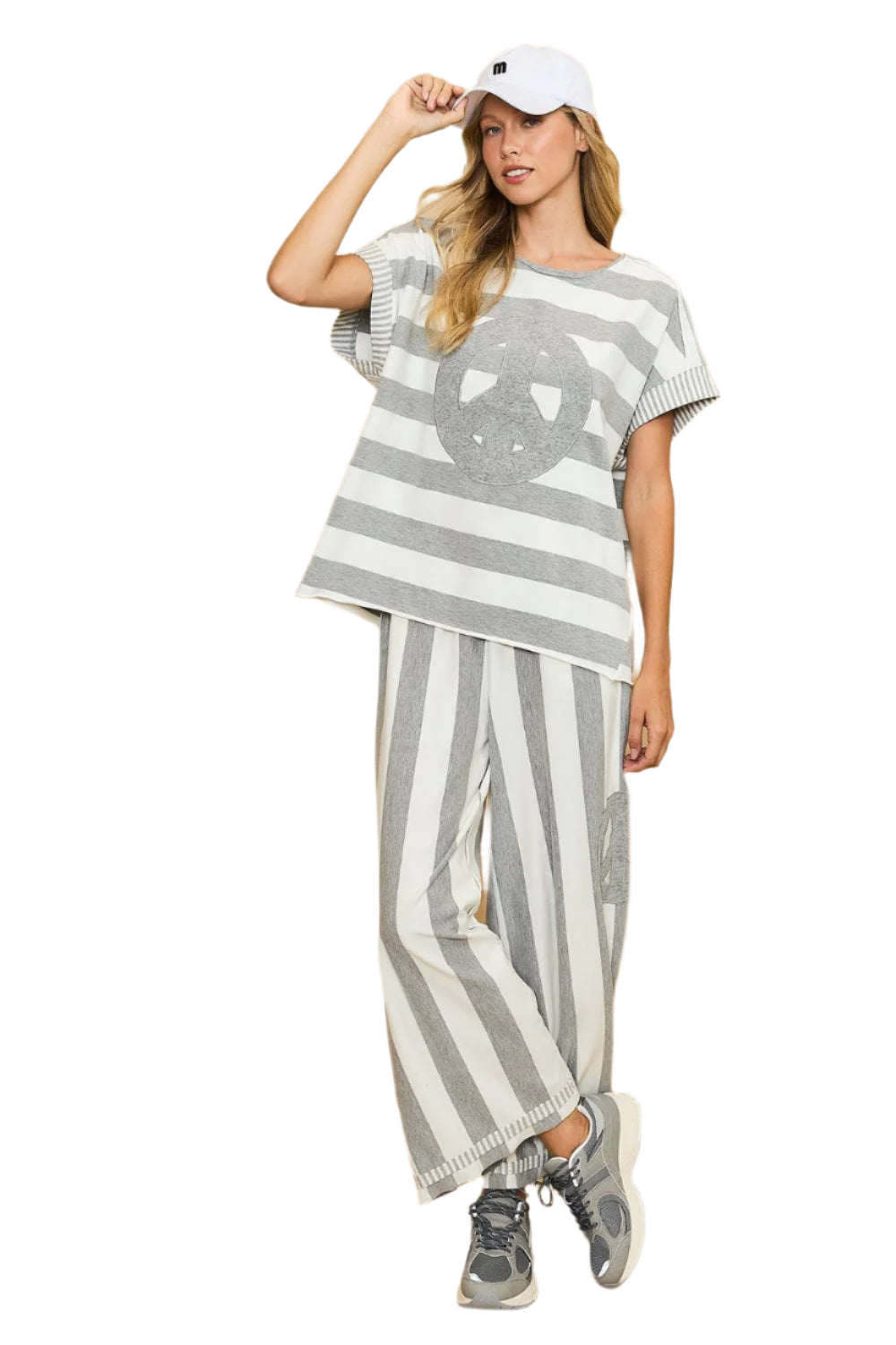 Umgee Peace Sign Patch Striped French Terry T-Shirt