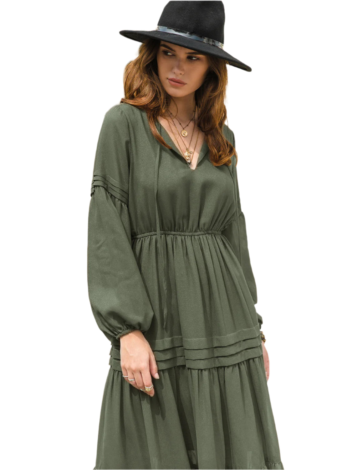 Tie Neck Long Sleeve Midi Tiered Dress