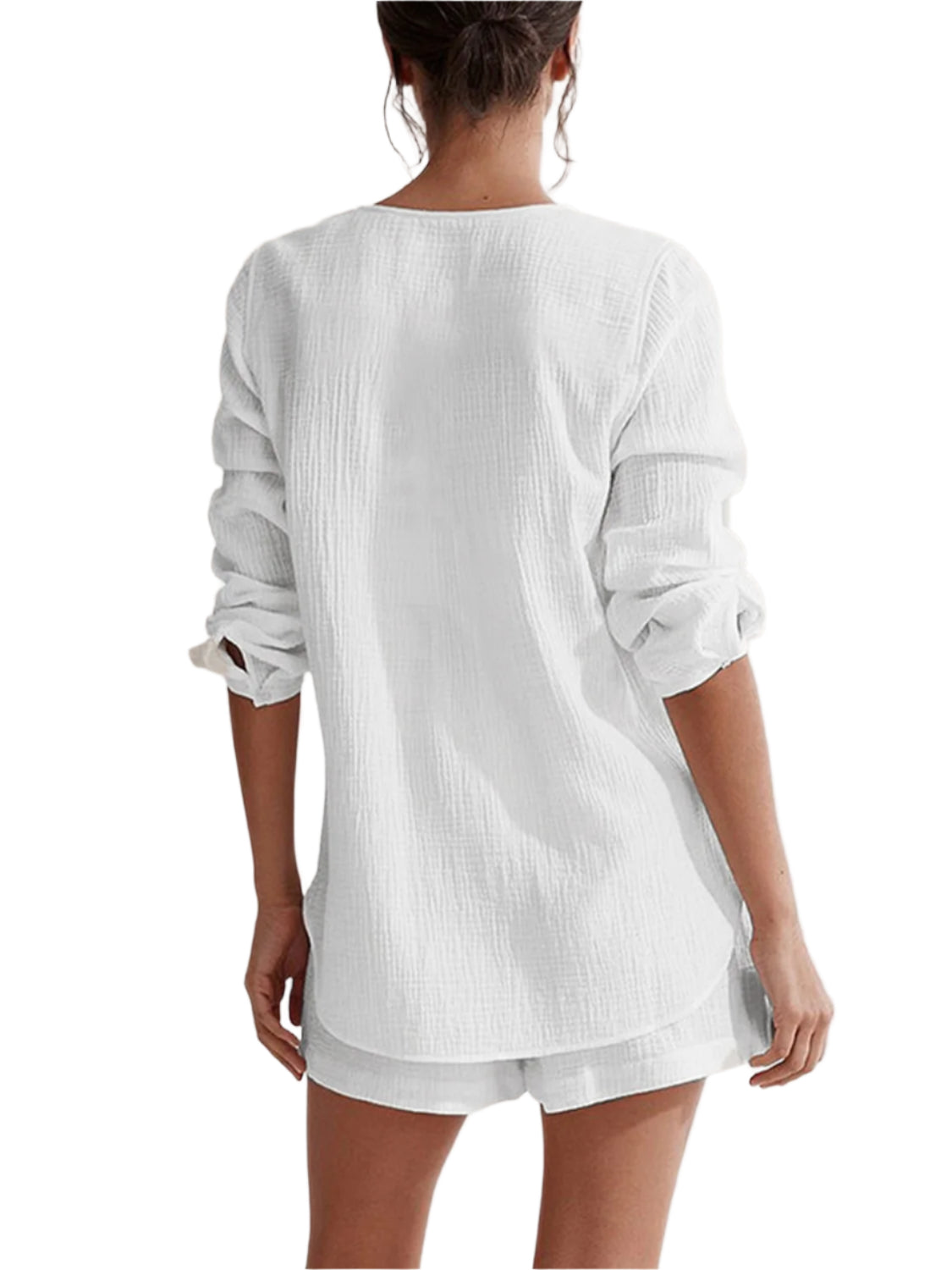 Notched Long Sleeve Top and Shorts Set