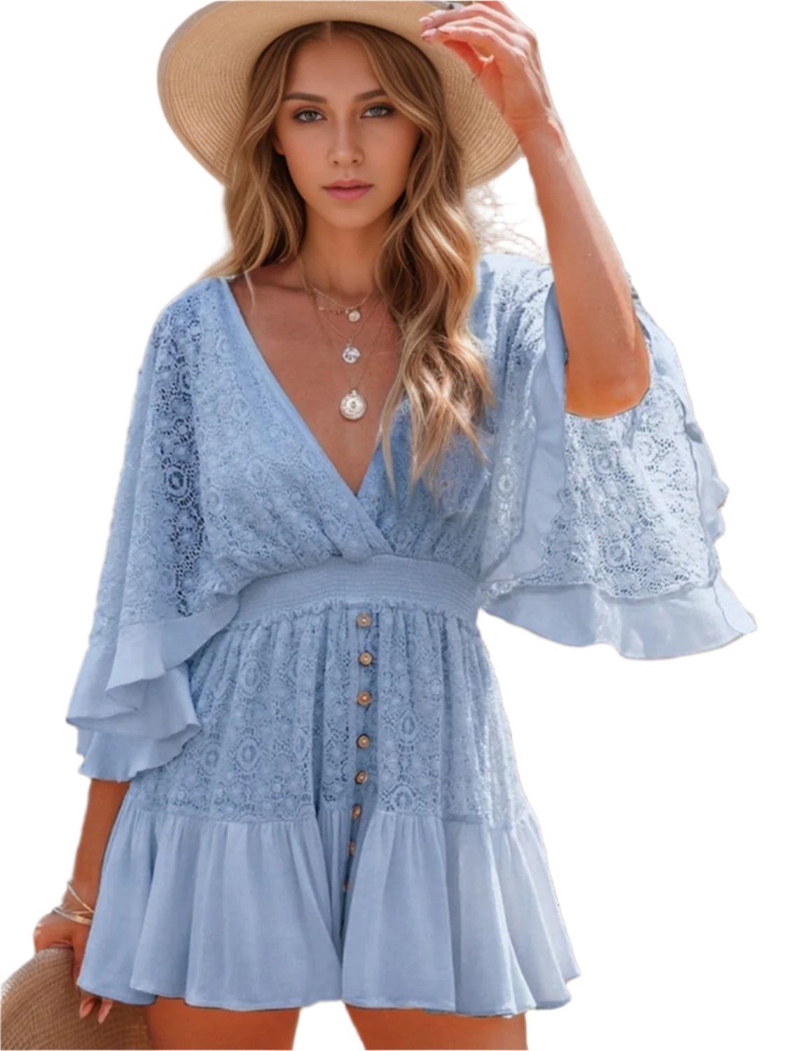 Ruffle Hem Tie Back Lace Mini Dress