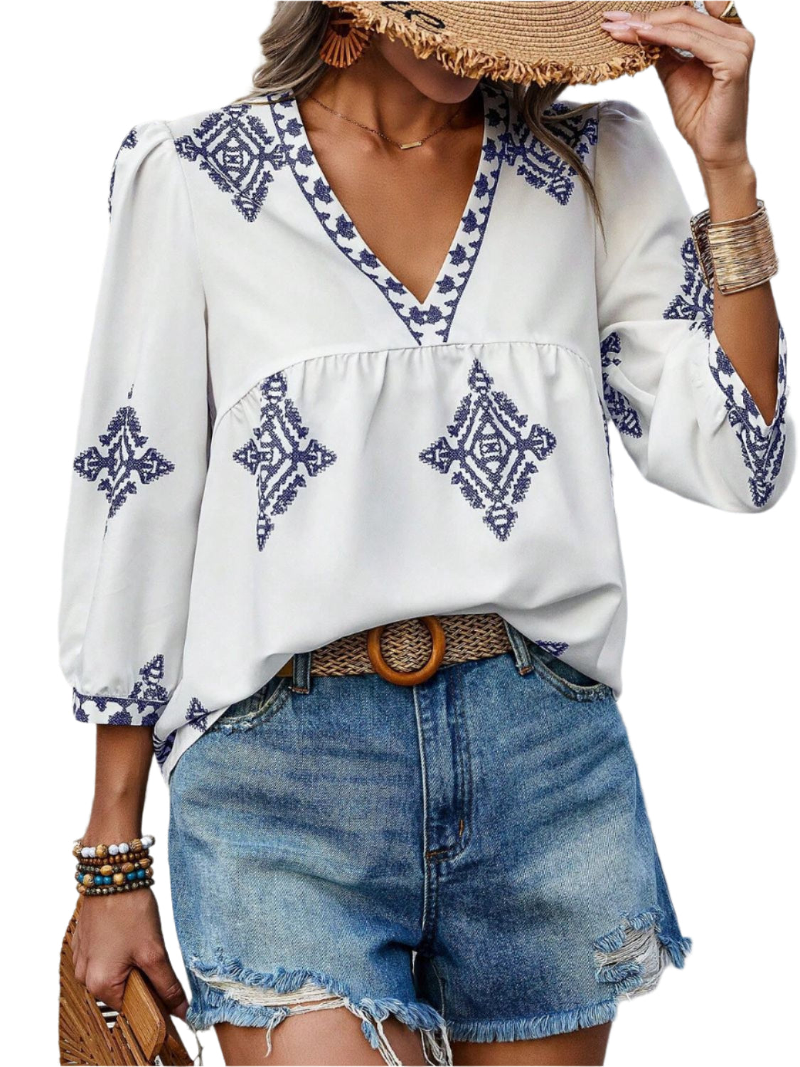 Printed V-Neck Three-Quarter Sleeve Blouse