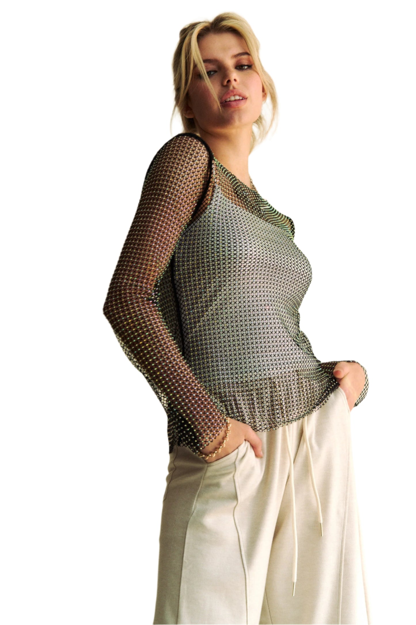 Davi & Dani Sparkling Rhinestone Sheer Mesh Round Neck Top