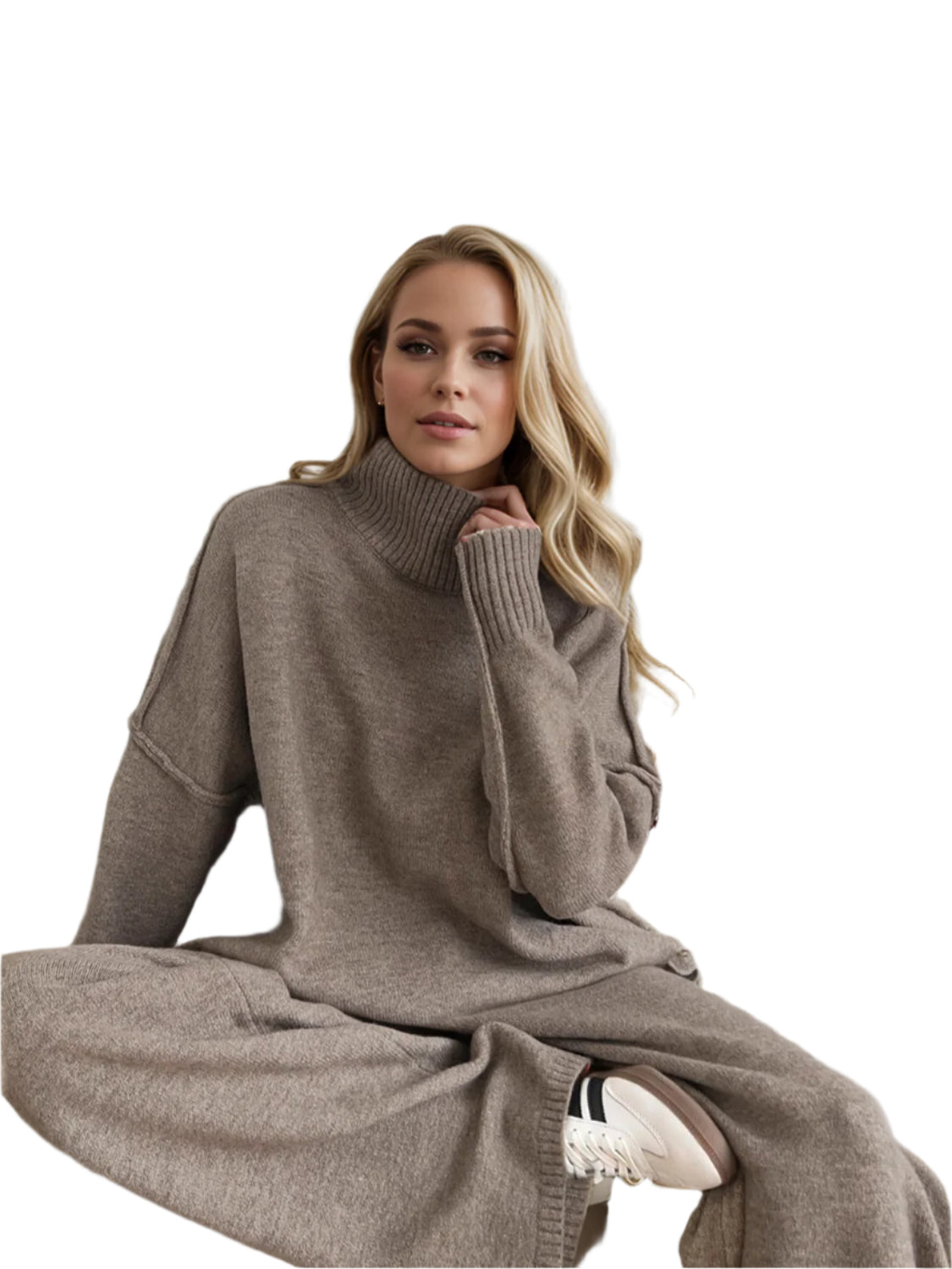 Slit Turtleneck Long Sleeve Top and Pants Sweater Set