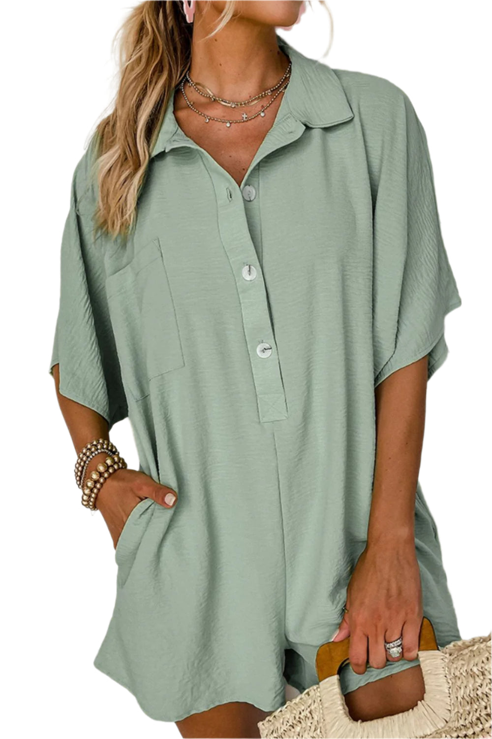 Half Button Collared Neck Romper