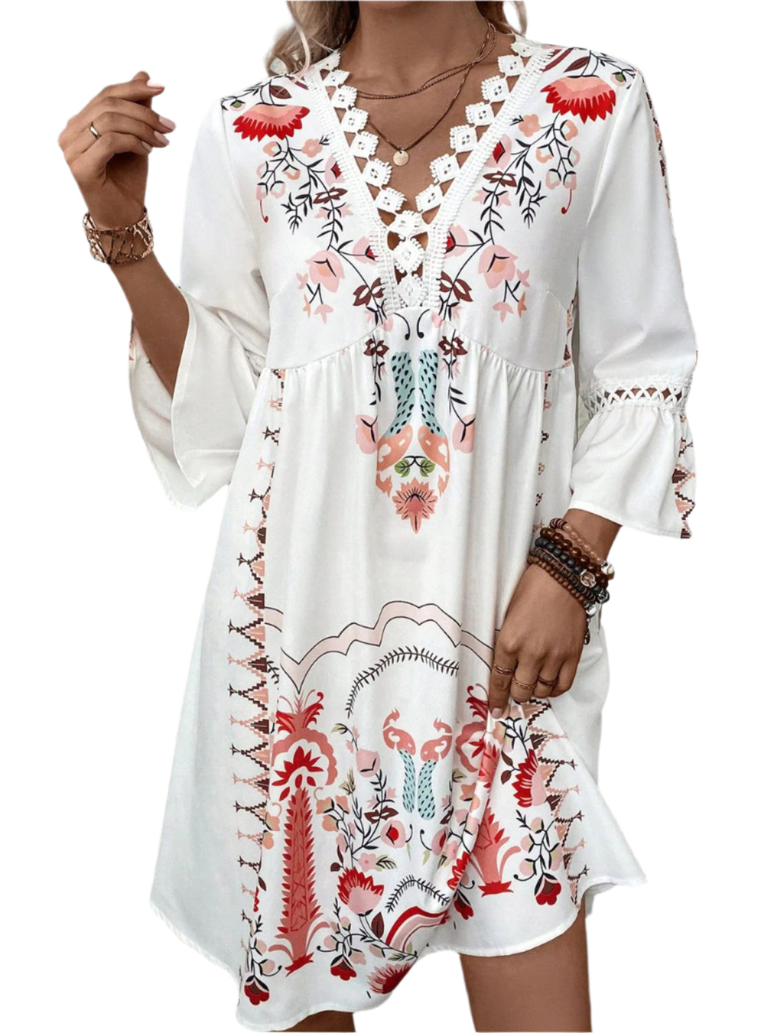 Lace Detail Printed Three-Quarter Sleeve Dress