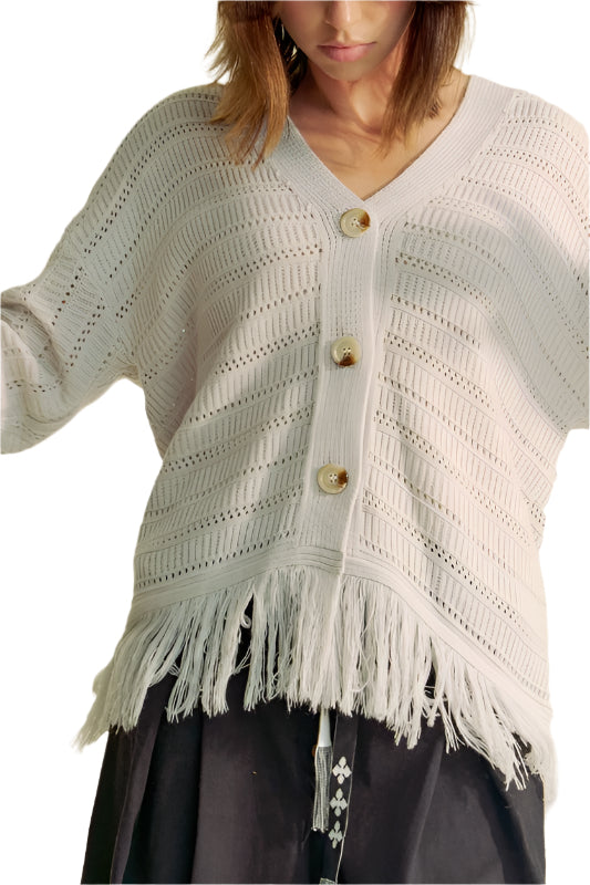 Davi & Dani Fringe V-Neck Button Up Long Sleeve Cardigan