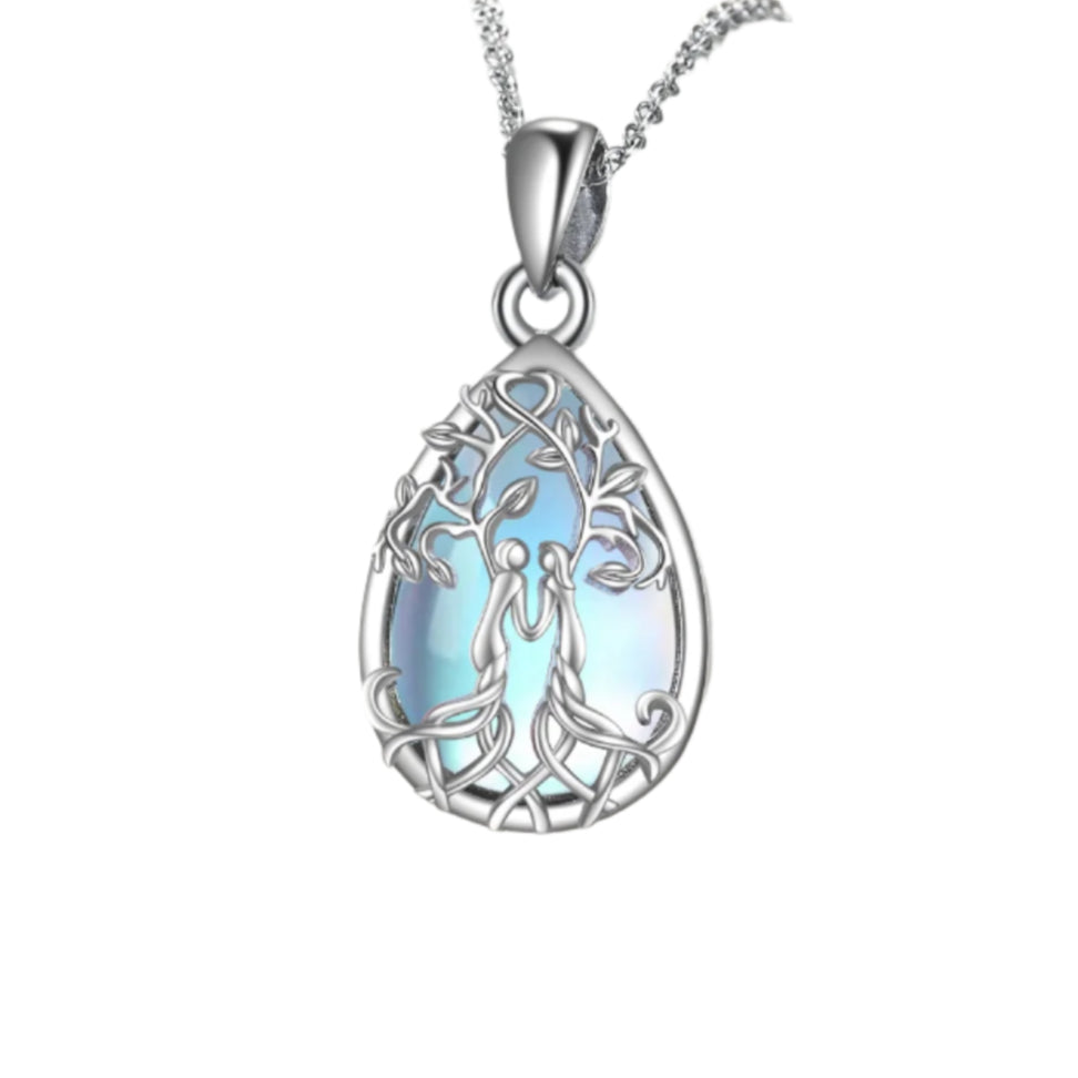 Ask and Embla in Yggdrasil Pendant 925 Sterling Silver Necklace with Malachite or Moonstone Crystal