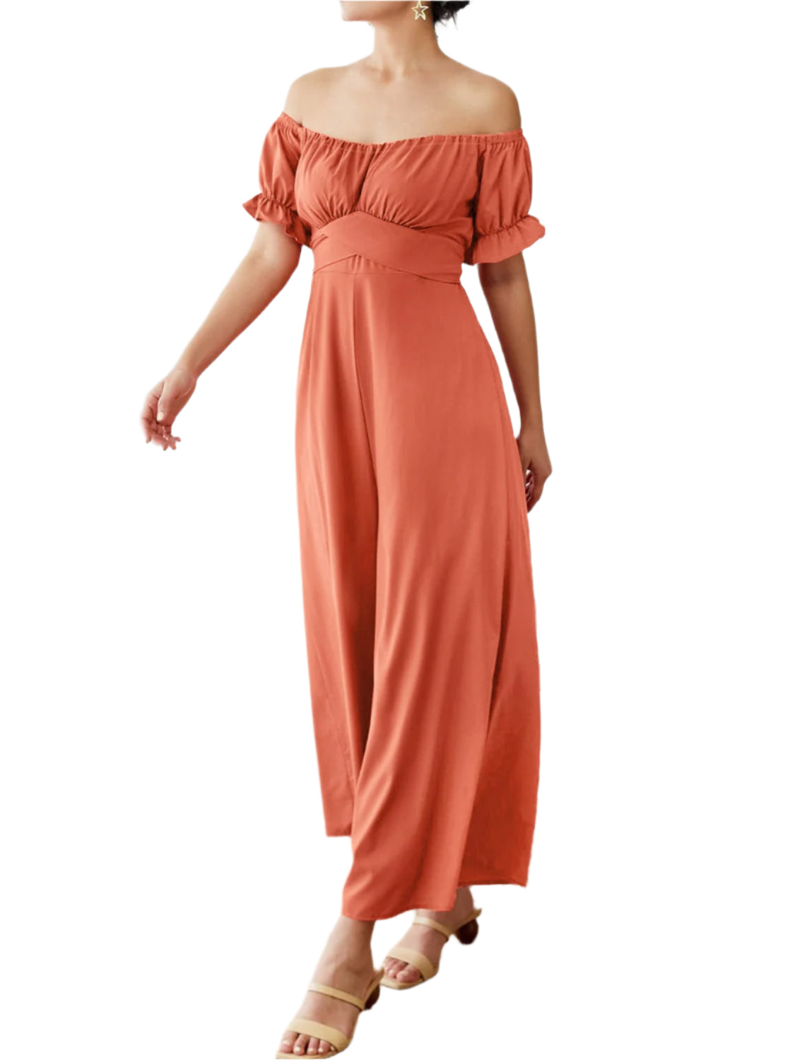 Off-Shoulder Short Sleeve Wide Leg Jumpsuit