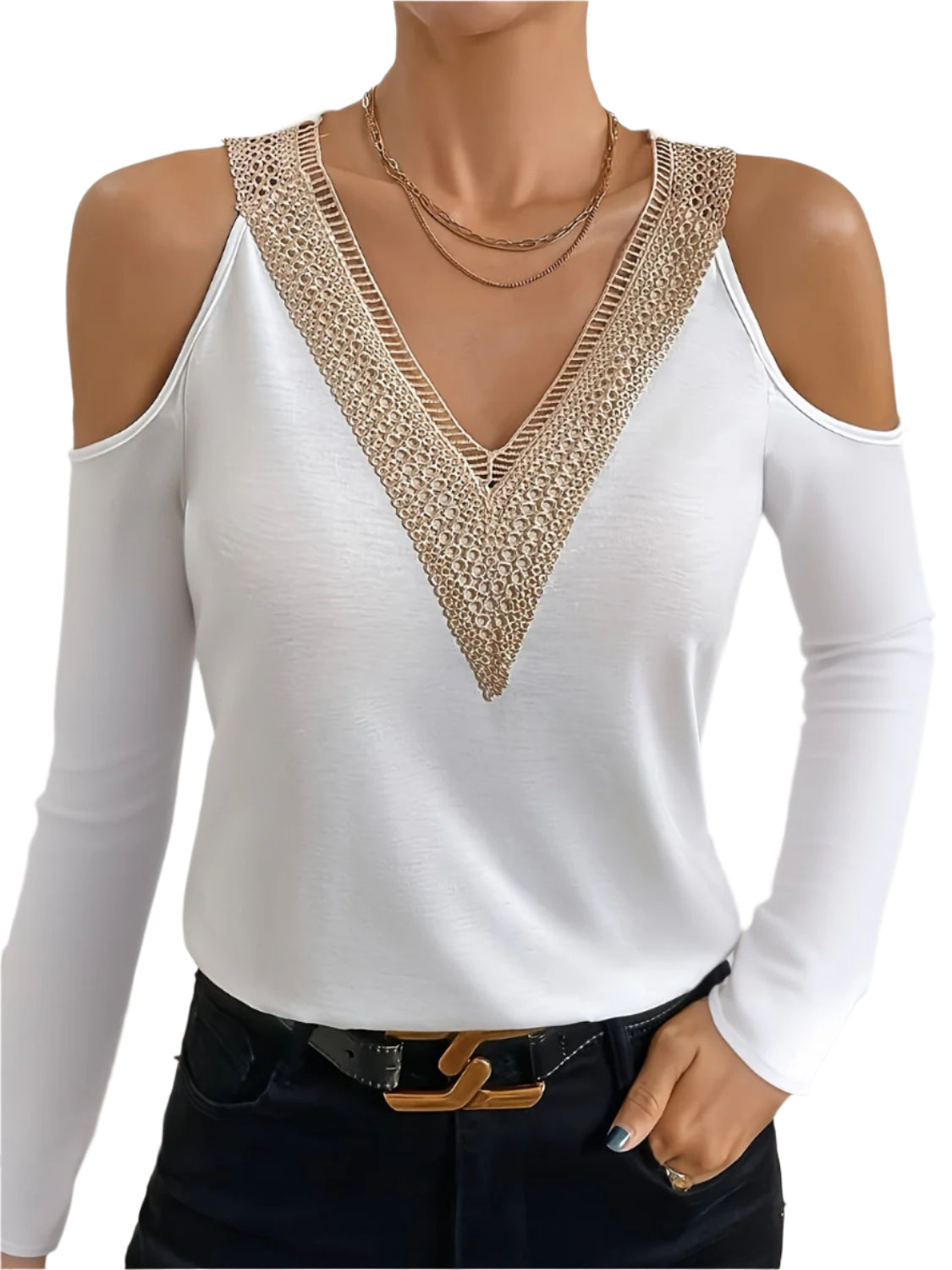 V-Neck Cold Shoulder Long Sleeve T-Shirt