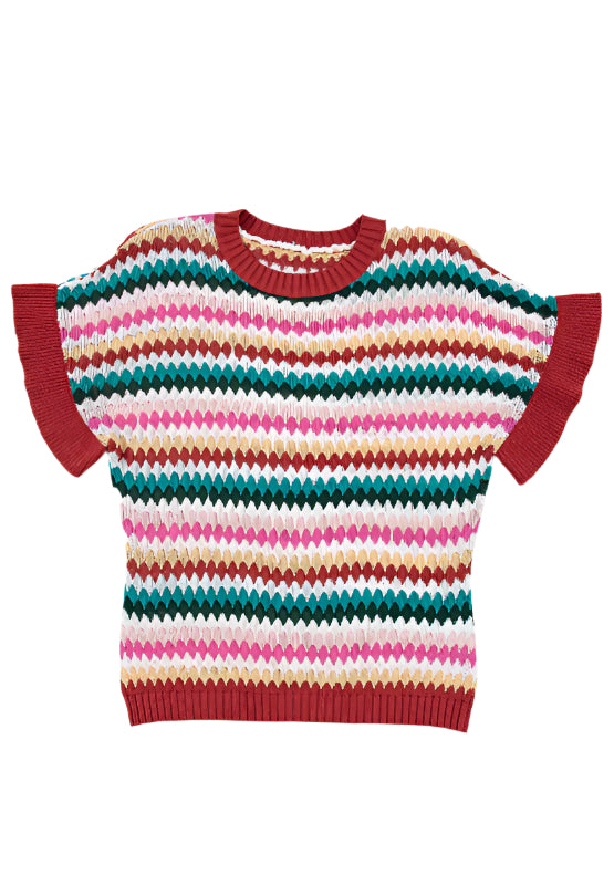 Contrast Round Neck Short Sleeve Sweater