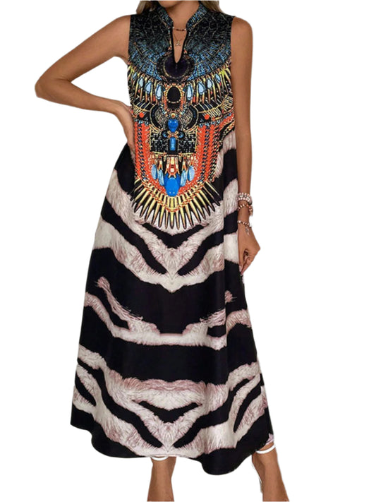 Perfee Printed Notched Sleeveless Dress