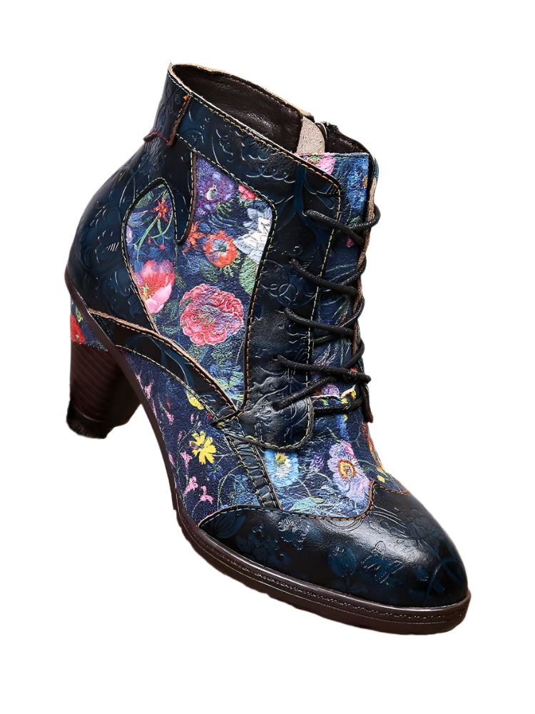Cowhide Side Zipper Floral High Heel Ankle Boots