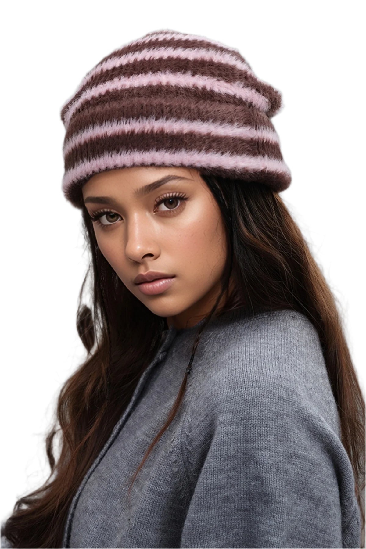Fuzzy Contrast Striped Thermal Hat